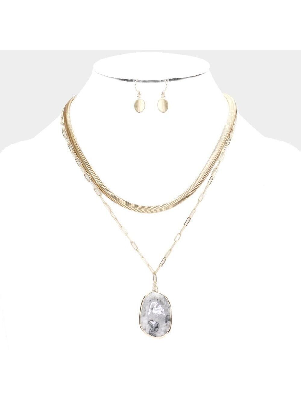 NEW Marble Howlite Stone Pendant Double Layered Snake Chain Necklace